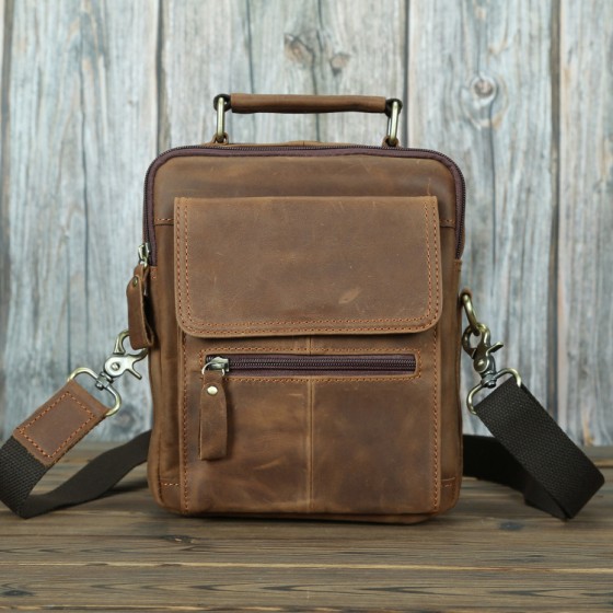 Men's leather bag, crazy horse leather crossbody bag, casual retro large capacity genuine leather men's bag