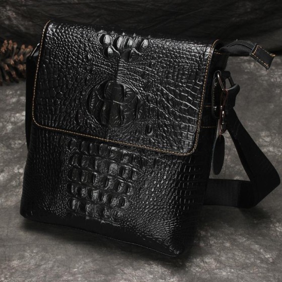 Genuine leather men's bag, simple and casual, oil wax leather, crocodile pattern, single shoulder crossbody, small square toe, layered cowhide leather bag