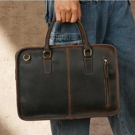 Retro cowhide men's handbag horizontal briefcase leather computer bag handmade mailman bag crazy horse leather shoulder bag